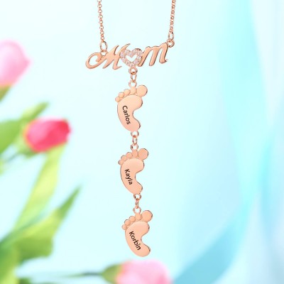 Personalisierte MoM Herz gravierte Namensketten mit 1-10 Baby Feet Charms