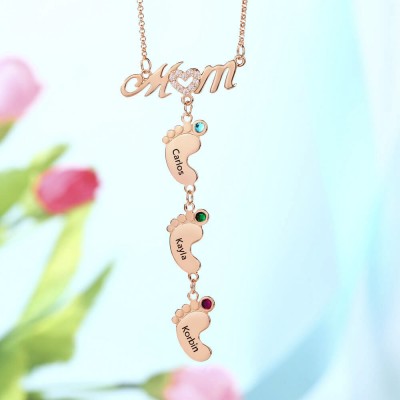 Personalisierte BabyFeet Mama Namenskette mit Geburtssteinen 1-10 Charms Anhänger