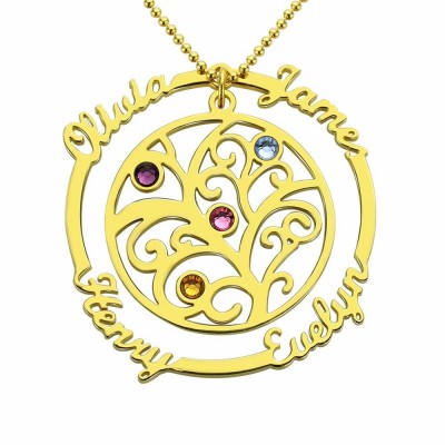 Personalisierte Familienkette im Baum-Design mit 1-4 Namen und Geburtssteinen