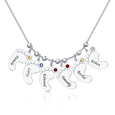 Silberne personalisierte 1-6 Babyfüße gravierbare Charms Namenskette mit Geburtsstein