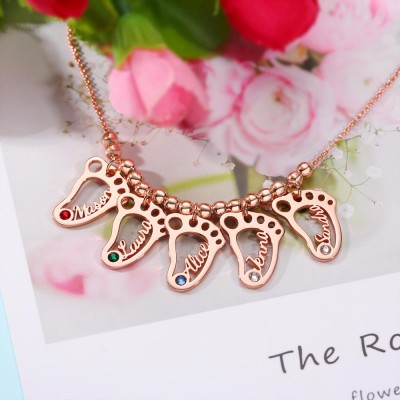 Personalisierte 1-10 hohle BabyFeet Charms Namenskette mit Geburtsstein