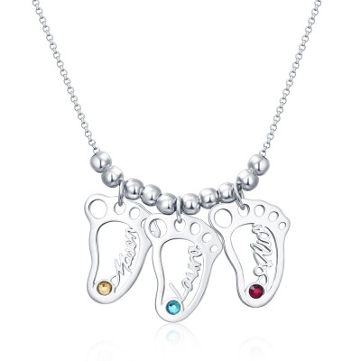 Silberne personalisierte 1-10 hohle BabyFeet Charms Namenskette mit Geburtsstein
