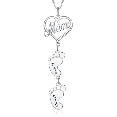 Silberne personalisierte Love MaMa Heart 1-10 Baby Feet Charms Namenskette