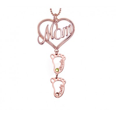 Personalisierte MOM Herz Anhänger Geburtssteine ​​Namenskette mit 1-10 hohlen BabyFeet Charms