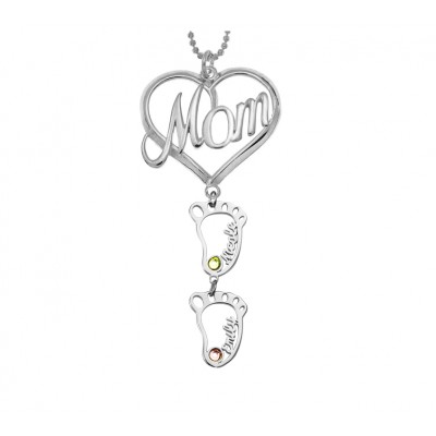Silberne personalisierte MOM Herz Anhänger Geburtssteine ​​Namenskette mit 1-10 hohlen BabyFeet Charms