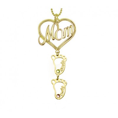 Personalisierte MOM Herz Anhänger Geburtssteine ​​Namenskette mit 1-10 hohlen BabyFeet Charms