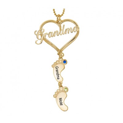 Personalisierte Oma Herz Baby Füße Anhänger Geburtsstein Namenskette mit 1-10 Charms