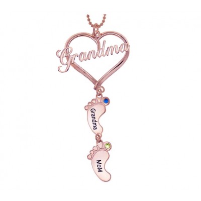 Personalisierte Oma Herz Baby Füße Anhänger Geburtsstein Namenskette mit 1-10 Charms
