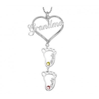 Silber Personalisierte Oma Herz Anhänger 1-10 Hohl BabyFeet Charm Geburtsstein Namenskette