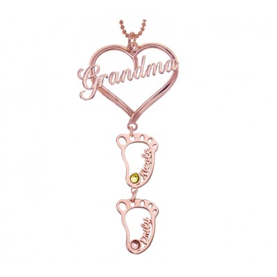 18K Rose Vergoldung Personalisierte Oma Herz Anhänger 1-10 Hohl BabyFeet Charm Geburtsstein Namenskette