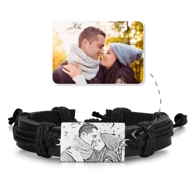 Herren Rechteckige Fotogravur Tag Schwarze Lederarmbänder
