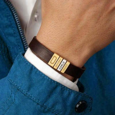 Personalisierte Lederarmbänder mit Namensgravur für Papa und Kinder
