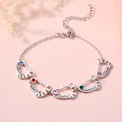 Silbernes benutzerdefiniertes 1-10 Baby Feet Name Graviertes Armband mit Geburtsstein