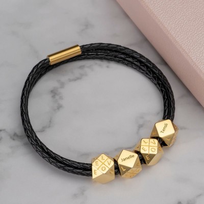 Geflochtenes Lederarmband für Herren mit 18 Karat Vergoldung mit polyedrischen kundenspezifischen Perlen