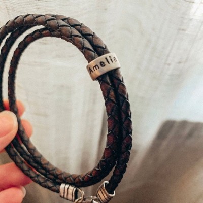 Herren personalisierte geflochtene Perlen gravierte Namen Lederarmbänder mit 1-10 Perlen