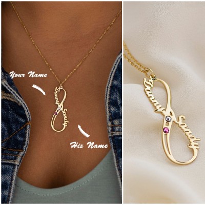 Personalisierte Valentinstagsgeschenke Infinity 2 Names Halskette mit Geburtssteinen