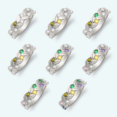 S925 Silber personalisierter Geburtsstein Familienring Geschenk mit 1-9 Namen