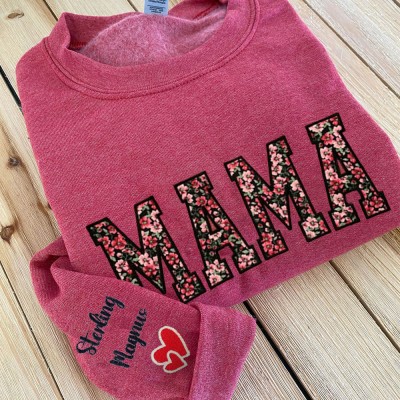Benutzerdefinierte Floral MAMA bestickt Sweatshirt mit Kindern Name auf Ärmel für Muttertag Geschenk
