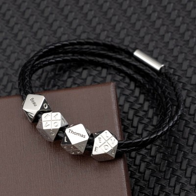 Vatertagsgeschenk Silbernes geflochtenes Leder-Namensarmband für Herren mit polyedrischen benutzerdefinierten Perlen