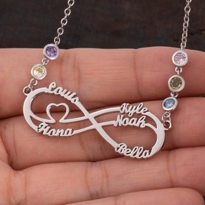 Personalisierte Infinity-Halskette mit 1–8 Namen und Geburtssteinen als Muttertagsgeschenk