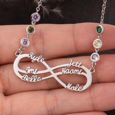 Personalisierte Infinity-Halskette mit 1–8 Namen und Geburtssteinen als Muttertagsgeschenk