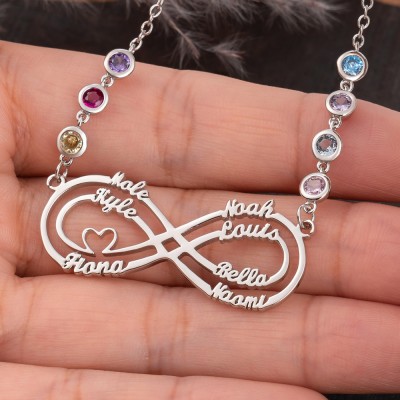 Personalisierte Infinity-Halskette mit 1–8 Namen und Geburtssteinen als Muttertagsgeschenk
