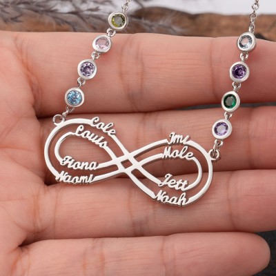Personalisierte Infinity-Halskette mit 1–8 Namen und Geburtssteinen als Muttertagsgeschenk