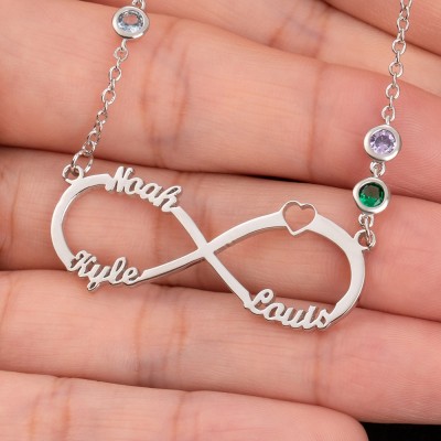 Personalisierte Infinity-Halskette mit 1–8 Namen und Geburtssteinen als Muttertagsgeschenk