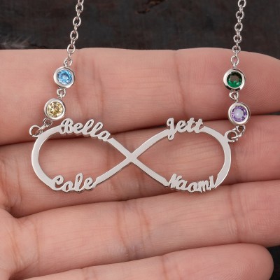 Personalisierte Infinity-Halskette mit 1–8 Namen und Geburtssteinen als Muttertagsgeschenk