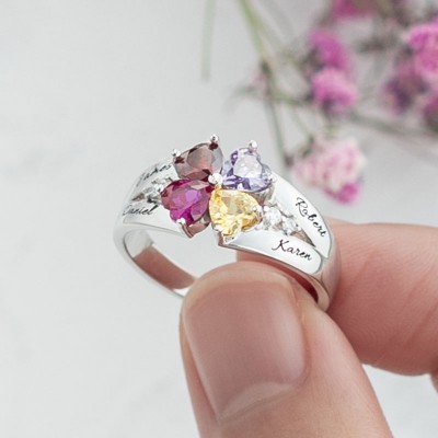 S925 Silber personalisierter gravierter herzförmiger Geburtssteinring mit 1–8 Namen