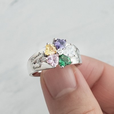 S925 Silber personalisierter gravierter herzförmiger Geburtssteinring mit 1–8 Namen