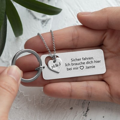 Sicher fahren Personalisiertes Halsketten- und Schlüsselanhänger-Set für Paare und Freunde