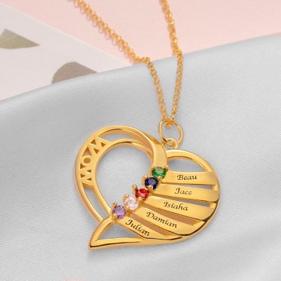Personalisierte Herz-Liebes-Form 1-6 gravierte Namen und Geburtsstein-Halsketten
