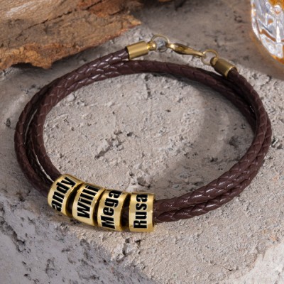 Personalisiertes braunes Lederarmband mit kleinen goldenen Namensperlen, Weihnachtsgeburtstagsgeschenk für Papa, Ehemann