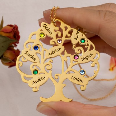 Personalisierte Stammbaum-des-Lebens-Namenskette mit Geburtsstein für Mama
