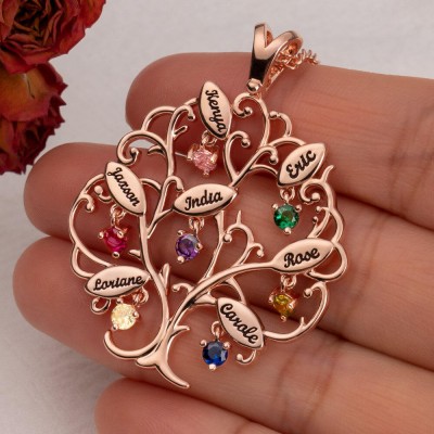 Personalisierte Stammbaum-Halsketten mit 1–7 Namen und Geburtssteinen als Geschenk für die Familie