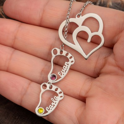 Personalisierte Herz-Baby-Füße-Charms-Namenshalskette mit Geburtsstein für Mama