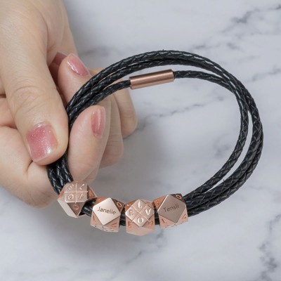 Vatertagsgeschenk Herren Geflochtenes Lederarmband mit polyedrischen benutzerdefinierten Perlen