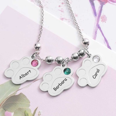 Namenskette mit mehreren Pfotenabdrücken und Geburtssteinen mit 1-5 Charms