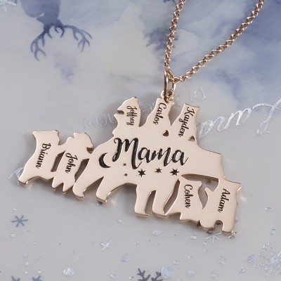 18 Karat Roségold überzogene personalisierte Mama Bär Halskette 1-8 Namen für Muttertagsgeschenk