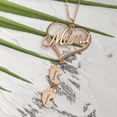 Personalisierte Mama Herz Baby Füße Anhänger Geburtsstein Namenskette mit 1-10 Charms