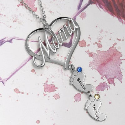 Silberne personalisierte Mama Herz Baby Füße Anhänger Geburtsstein Namenskette mit 1-10 Charms