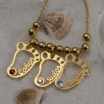 Personalisierte 1-10 hohle BabyFeet Charms Namenskette mit Geburtsstein