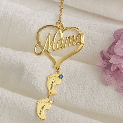 Personalisierte Mama Herz Baby Füße Anhänger Geburtsstein Namenskette mit 1-10 Charms