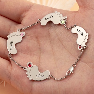 Personalisiertes Geburtsstein Baby Feet Namensarmband mit 1-4 Charms