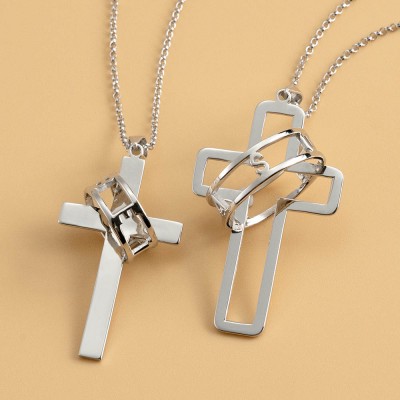 Personalisierte Paar Symbol des Glaubens Kreuz Halskette mit Halo Name graviertem Ring Zwei Halsketten