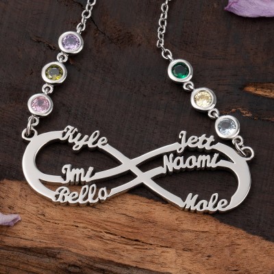 Personalisierte Infinity-Halskette mit 1–8 Namen und Geburtssteinen zum Muttertag