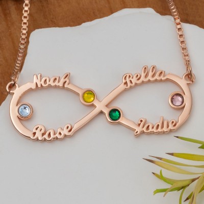 Personalisierte Unendlichkeitskette mit Namen und Geburtssteinen als Muttertagsgeschenk