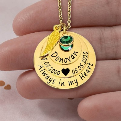 Personalisierte gravierte Always in my Heart Memorial Goldkette mit Geburtsstein