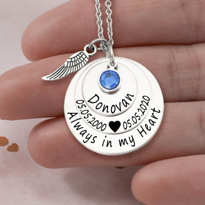 Personalisierte gravierte Always in my Heart Memorial Silberkette mit Geburtsstein